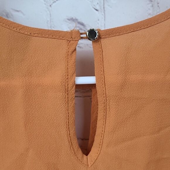 Women's Crochet Lace Mesh Short Sleeve Keyhole Mustard Yellow Crepe Blouse Top S - Picture 7 of 8